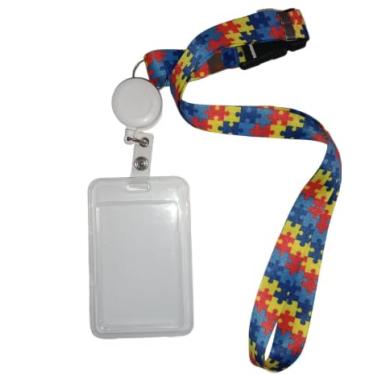Imagem de Cordão Porta Crachá com Design Quebra Cabeça Autismo Colorido, Retrátil com Porta Cartão Transparente