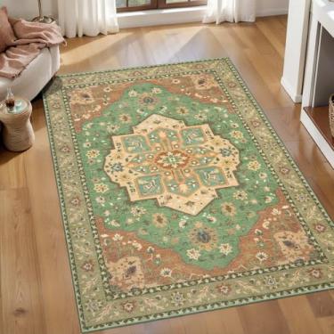 Imagem de SERISSA Tapetes de área de 7,5 x 12,5 cm para sala de estar, lavável, antiderrapante, preto e branco, pequeno, vintage, tapete oriental macio para quarto, cozinha, sala de jantar, escritório, verde