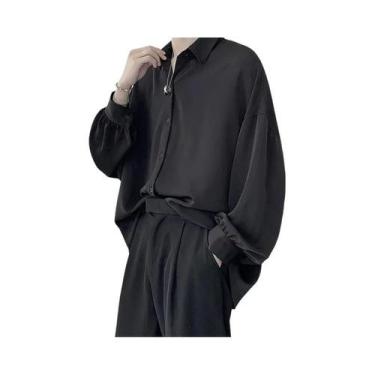 Imagem de Camisa Masculina Preta Oversize De Manga Longa Casual Respirável Estil