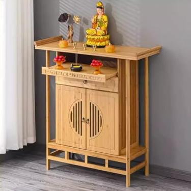 Imagem de Mesa de altar budista de bambu com armazenamento, armário de oferta de meditação de 120 cm, nicho de santuário chinês simples para casa, mesa de buda de madeira para rituais e meditação