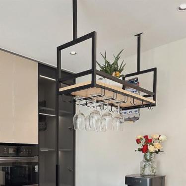 Imagem de Prateleira de vinho de metal montada na parede de 120 cm - prateleira moderna de cálice invertida, armazenamento de vidro pendurado elegante para decoração de cozinha e bar, armário de vinho preto