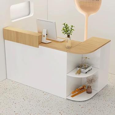 Imagem de Mesa de recepção grande em forma de L com gaveta trancável e armário lateral, balcão de caixa de varejo para sala de recepção (branco, 180 x 50 x 100 cm)