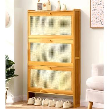 Imagem de Organizador de armazenamento de sapatos fino de bambu para entrada - Sapateira oculta dobrável para baixo, armário de armazenamento de sapatos estreito de 2/3 níveis para hall de entrada, corredor