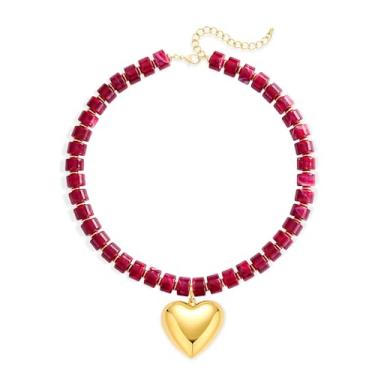 Imagem de Colar de coração grosso Boho para mulheres – Gargantilha de resina com pingente de ouro, joia de férias de verão na praia, colar moderno para surfista Y2K, presente para ela, statement, Resina, Sem