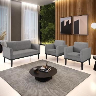 Imagem de Conjunto 2 Poltronas e 1 Namoradeira Decorativa Isabella Pés Fixo em Madeira Preto Linho Cinza Mesclado G19 - Gran Belo