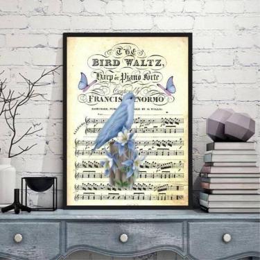 Imagem de Quadro Vintage Passarinho 45x34cm - Vidro e Moldura Preta