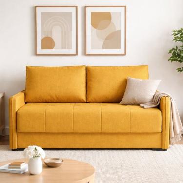 Imagem de Sofá-cama 154cm Retrátil Reclinável Linho Pés Madeira Isis Amarelo