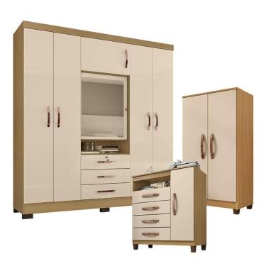 Imagem de Guarda Roupa Casal Imperial com Armário Multiuso Recife e  Cômoda Sapateira Cannes Carvalho Americano Off White - Incorplac