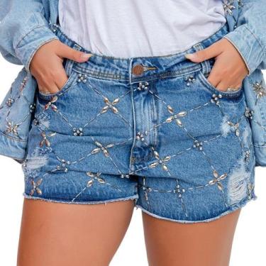 Imagem de Short Jeans Feminino Bordado Manual Flores em Cristais e Chatons - Tha