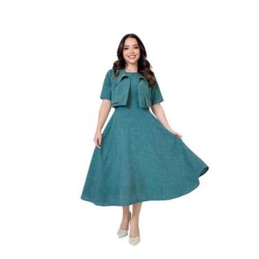 Imagem de Vestido Alfaiataria em Linho com Casaco Social Elegante - Zampa, Verde
