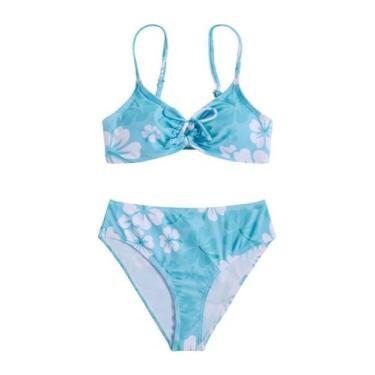 Imagem de Biquíni infantil COZYEASE 2 peças floral com nó frontal, azul-petróleo