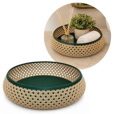 Imagem de Bandeja Decorativa Multiuso para Banheiro Redonda Design Palhinha Treliça Prime 23cm - Mundial Casa