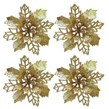 Imagem de Jogo 4 Flores Bico de Papagaio Dourado Natal Pick Glitter 9cm com Pres