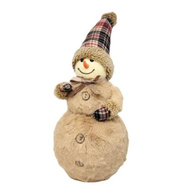 Imagem de Boneco de Neve Decorativo Natal Pelúcia Marrom Claro Gorro Xadrez 39cm