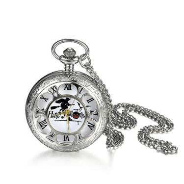 Imagem de Novo relógio de bolso para homens e mulheres com algarismos romanos mostrador de quartzo bruxa oca relógio com corrente para o dia das bruxas
