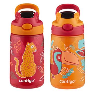 Imagem de Contigo Garrafa de água infantil Aubrey com canudo de silicone e tampa à prova de derramamento, 400 ml, pacote com 2, chitas e tucanos