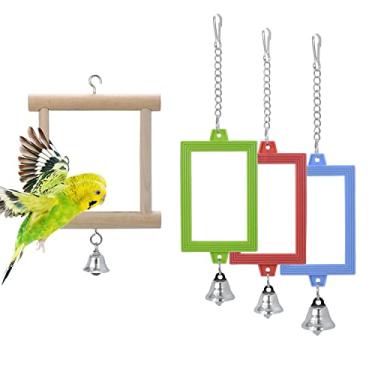 Imagem de Wontee 4 peças de espelho de pássaro com papagaio de sino brinquedo interativo pendurado para periquitos de calopsita, acessórios de gaiola de periquitos canários