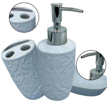 Imagem de Kit Banheiro Lavabo Porcelana 3 Pecas Bandeja Saboneteira Luxo Higiene