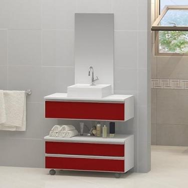Imagem de Gabinete Banheiro Creta 60cm com Cuba e Espelho Branco/vermelho