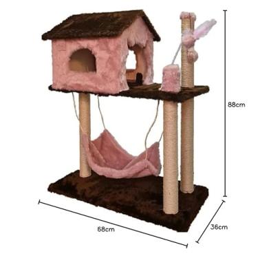 Imagem de Arranhador para Gato Casa com Rede e 4 Postes de Sisal, Madeira Compensada e PVC, Revestido em Pelúcia Alta, Cinza