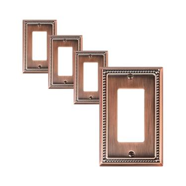 Imagem de TREEWELL Pacote com 4 placas de cobertura de tomada decorativas, placas de interruptor decorativas e tampas de tomada, placas de parede de metal de cobre antigo para tomadas elétricas, receptáculo, tomada GFCI, interruptor regulador de intensidade de luz