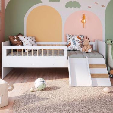Imagem de Cama Infantil Montessoriana Affetto com Escada e Escorregador Branco - Completa Móveis
