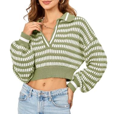 Imagem de Saodimallsu Suéter feminino listrado com gola V, gola V, gola em malha, manga comprida, pulôver de algodão, Verde, XX-Large