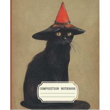 Imagem de Caderno de composição: faculdade de estética vintage pautada com design de capa de gato bruxo preto