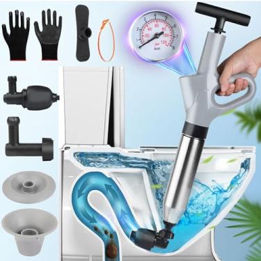 Imagem de Conjunto de desentupidor de vaso sanitário, ferramentas de remoção de entupimentos de drenagem de ar de alta pressão com barômetro visual, desentupidor de vaso sanitário de aço inoxidável cobra para