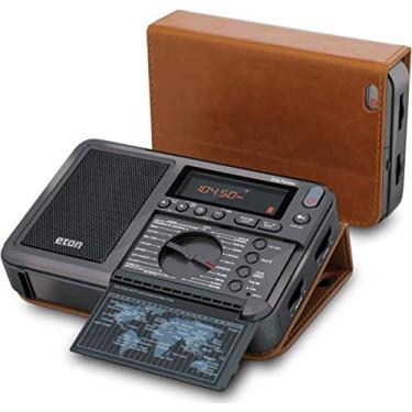 Imagem de Eton Elite Traveler AM/FM, rádio de ondas curtas com RDS, relógio mundial, 500 estações, ajuste de discagem, alarme, temporizador de sono, capa de couro, rádio internacional portátil com LCD de alto