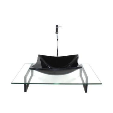 Imagem de Kit cuba de vidro quadrada preta com tampo 60cm incolor e suporte pret