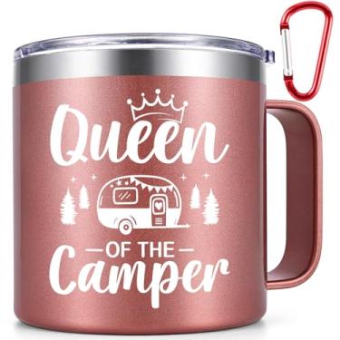 Imagem de Qtencas Presentes de campista, presentes de acampamento para mulheres, caneca de café Queen of the Camper, caneca de aço inoxidável, caneca de trailer para atividades ao ar livre, piquenique,