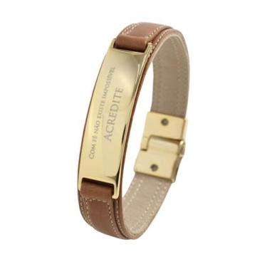 Imagem de Pulseira de Couro Masculina Feminina Caramelo Com Fé Não Existe Imposs
