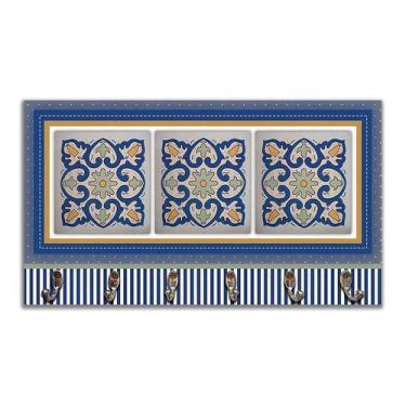 Imagem de Cabideiro de Parede Porta Colar Chaves Cintos Toalhas Azulejo Azul - F