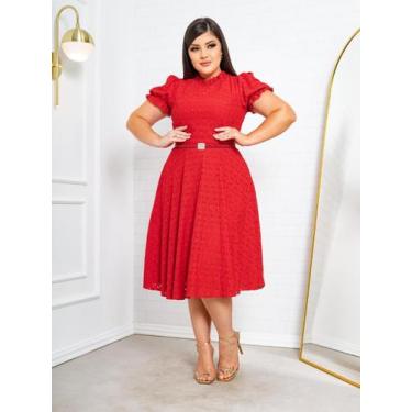 Imagem de Vestido Midi Rodado Godê com cinto de perolas manga curta e gola alta 