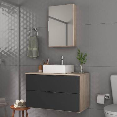 Imagem de Conjunto Gabinete Banheiro Rubi 80cm - Gabinete + Cuba + Espelheira Madeirado Preto