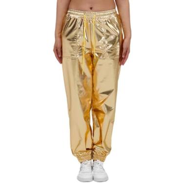 Imagem de CQBXTP Women's Glossy Metallic Holographic Punk Jogger Sweatpants Drawstring Waist Trousers Hip Hop Club Wear (Gold, Small)