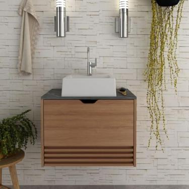 Imagem de Balcão Gabinete Suspenso para Banheiro 1 gaveta Ripada Amêndoa/Mármore Lunar Tecnomobili