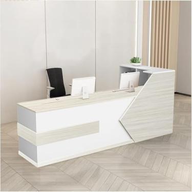 Imagem de Mesa de recepção de madeira moderna com balcão e gaveta com trava, recepção de salão L-Shap, varejo, escritório, lobby, balcão de recepção, fácil de montar, caixa de recepção, branco, 190 x 5 cm