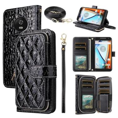 Imagem de Furiet Argyle Capa carteira para Moto G5 com tiracolo/alça de pulso luxuosa couro PU suporte com zíper bolsa à prova de choque para celular Motorola MotoG5 Moto5 G 5 5G XT1671 XT1670 preta