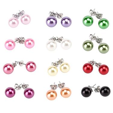 Imagem de LZMEI 12 pares de cores 02 sortidos, conjunto de brincos de pérolas de vidro, conjunto de presente de aço inoxidável para mulheres, meninas e crianças, 8MM, Vidro, pérola de vidro