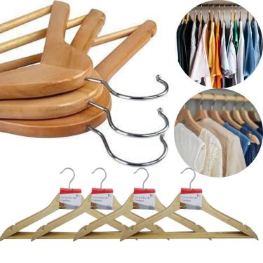 Imagem de Kit 12 Cabides De Madeira com Verniz Roupa Calça Adulto