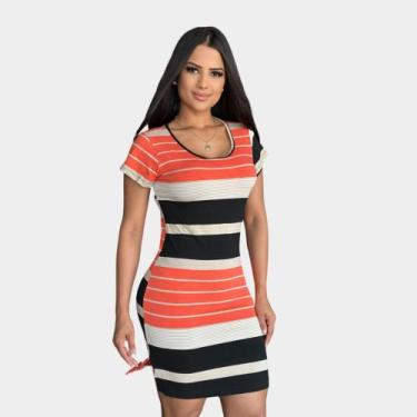 Imagem de Vestido Listras Curto na Manguinha Azul Ciano Tubinho com Fenda - Kamb