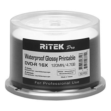 Imagem de Ritek Pro Pacote Com 50 (Nível Profissional) Dvd-R 16X 4,7 Gb Azo Dye (Mid Mxl Rg04) Watershield Resistente À Água Brilhante Branco Jato De Tinta Hub Disco Gravável Em Branco