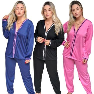 Imagem de Kit 3 Pijama Feminino  Inverno Longo com Botão Amamentação - Pijamas V