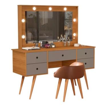 Imagem de Penteadeira Bancada Maquiagem 100% MDF com LED Estilo Camarim Banqueta Banquinho Puff Corino Pé Madeira (Nature com Griss)
