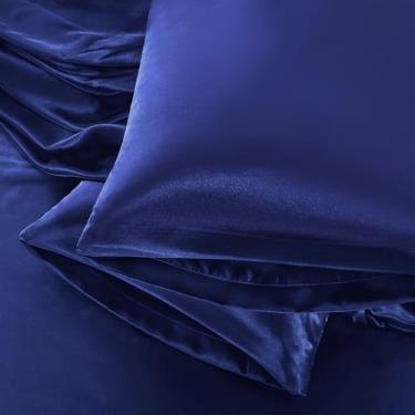 Imagem de Aormenzy Fronhas de cetim para mulheres, tamanho king, conjunto de 2, fronhas de cetim azul marinho para cabelo com fecho de envelope, capas de almofada sedosas, resistentes a rugas, desbotamento (50