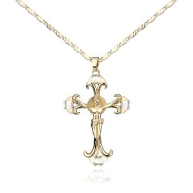 Imagem de MEIITRUE Colar de cruz para mulheres, colar de crucifixo delicado banhado a ouro 14K, moderno, personalizado, zircônia cúbica, fé, corrente, colar com pingente, joias, presentes para mulheres, One