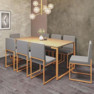Imagem de Conjunto de Jantar Stan Industrial Mesa Quadrada 170x90cm Com 8 Cadeiras Ferro Dourado Tampo Carvalho Sintético Cinza - Ahz Móveis