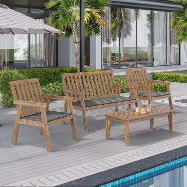 Imagem de Conjunto para Jardim 4 Peças 3 Poltronas 1 Mesa de Centro Família de Madeira Eucalipto Yescasa